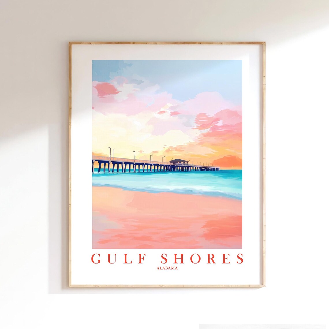 Gulf Shores Alabama Sunset Pier Pastel Beach Ocean Travel Poster