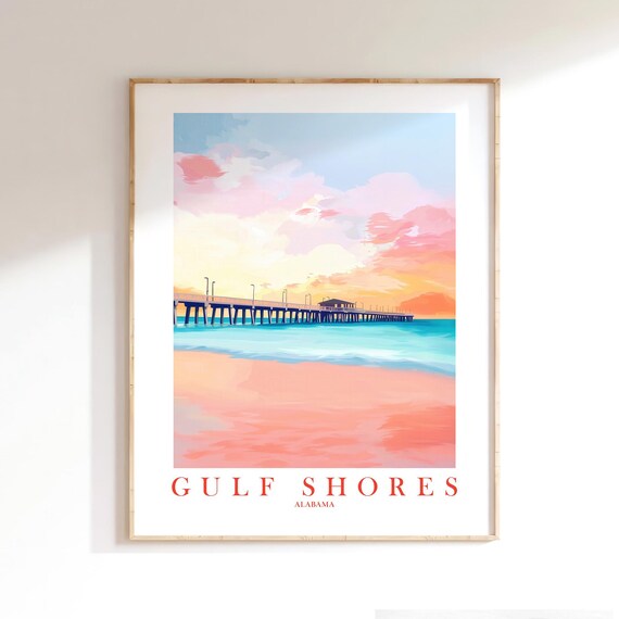Gulf Shores Alabama Sunset Pier Pastel Beach Ocean Travel Poster