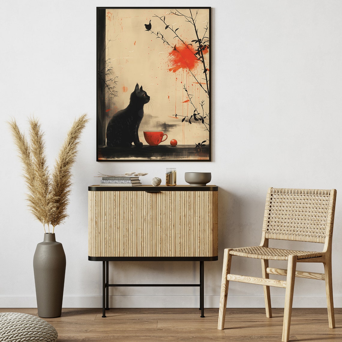 Black Cat Red Cup Ink Wash Bamboo Bird Minimal Asian Art Poster - Image 5