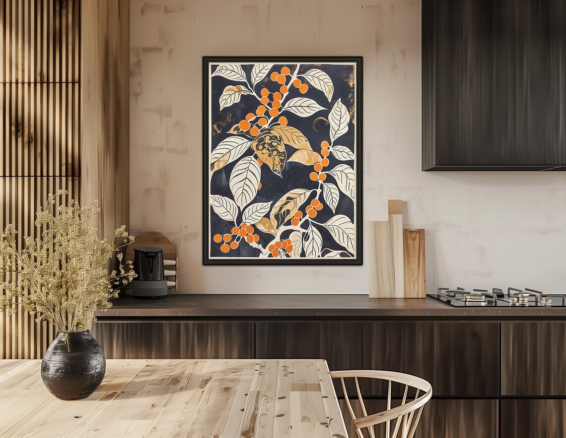 Vintage Botanical Berry Branch Dark Navy Background Wall Art - Image 3