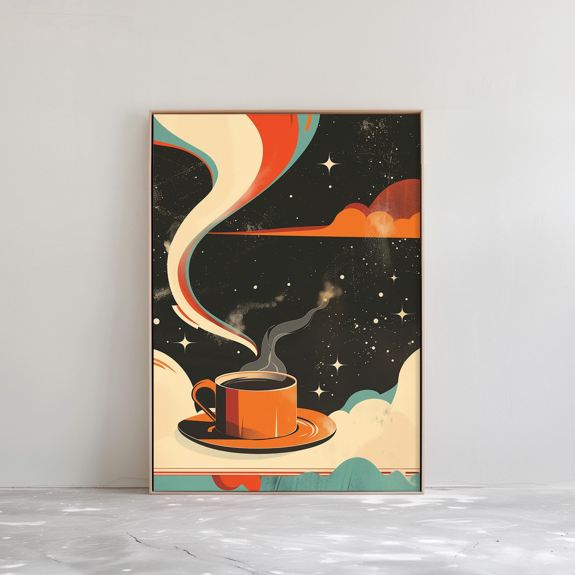 Retro Cosmic Coffee Cup Dream Under a Starry Night Sky Poster