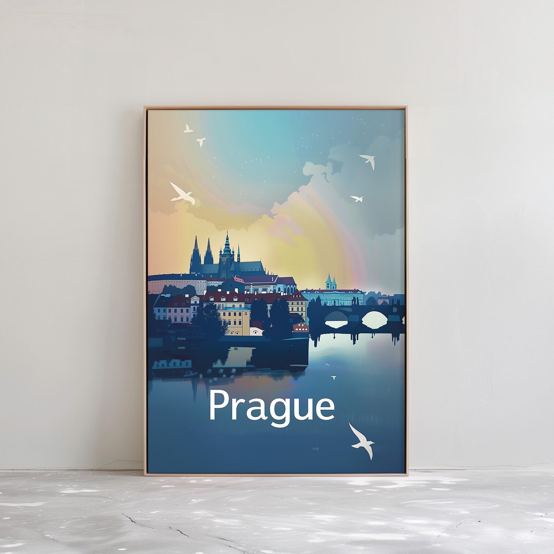 Prague Czechia Charles Bridge Castle River Sunset Travel Poster