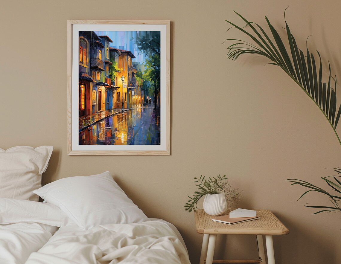 Rainy European Street Night Oil Painting Wet Cobblestone Art Poster - Image 3