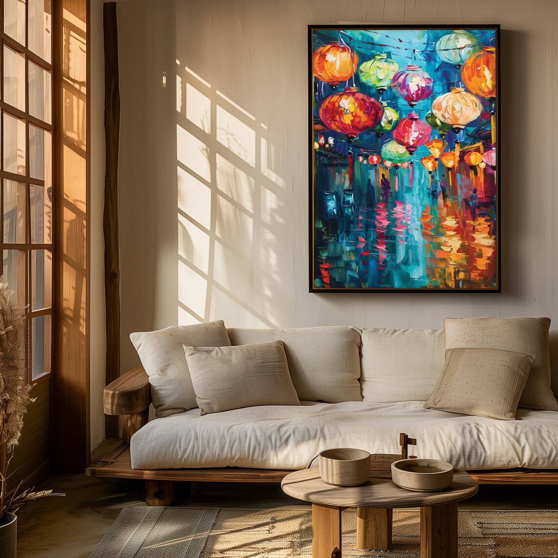 Colorful Asian Paper Lantern Festival Night Oil Painting Glow Poster - Image 2