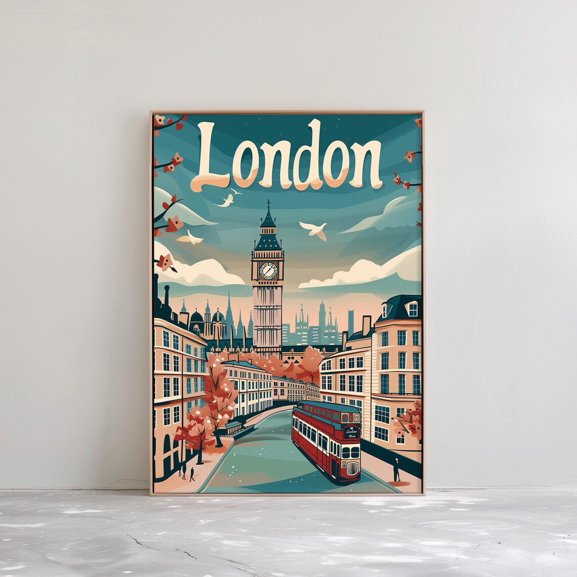 Teal London Big Ben Red Double Decker Bus Retro Travel Art Poster