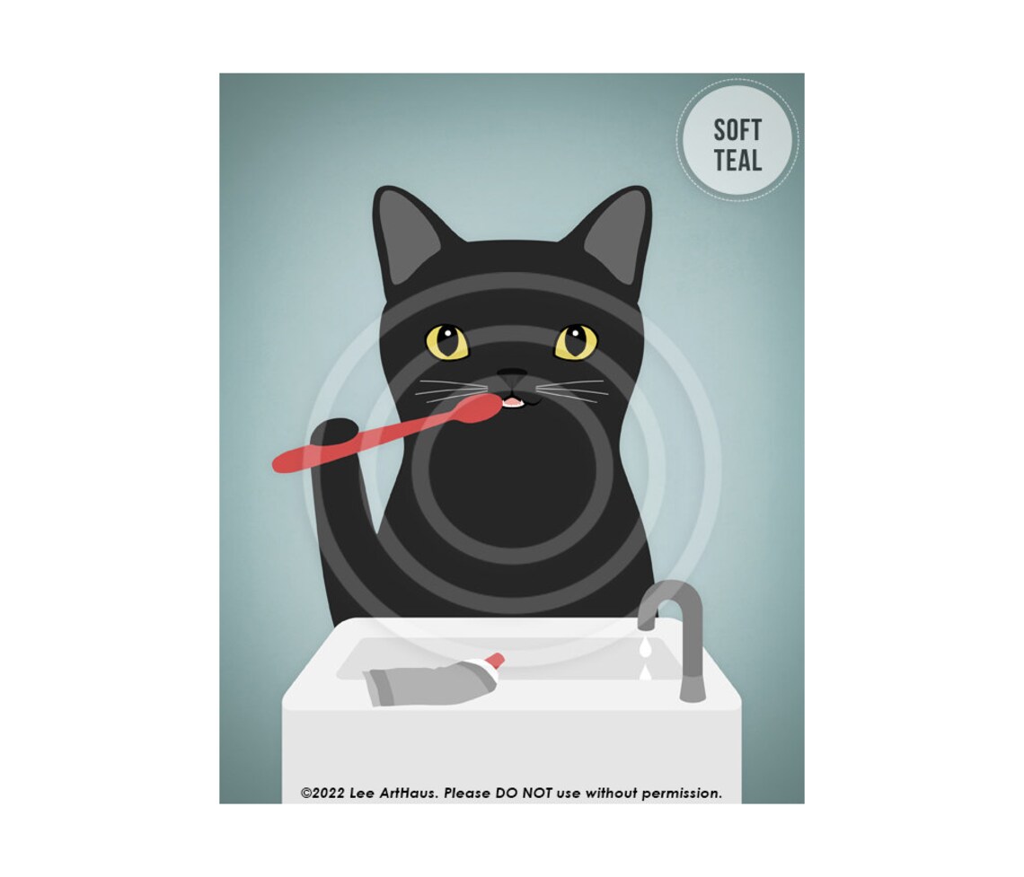 Black Cat Brushing Teeth Yellow Eyes Pink Watercolor Funny Bathroom Poster - Image 4