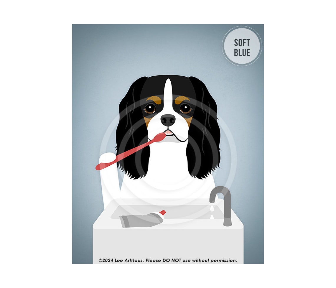 Tricolor Cavalier Spaniel Brushing Teeth Funny Dog Bathroom Poster - Image 5