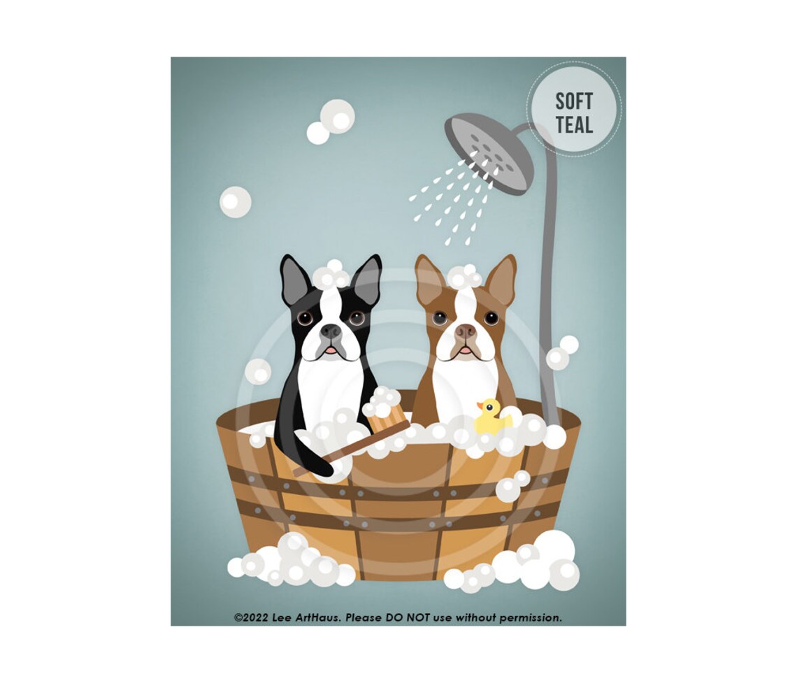 Two Boston Terriers Wooden Tub Bubble Bath Shower Bright Teal Poster - Image 4