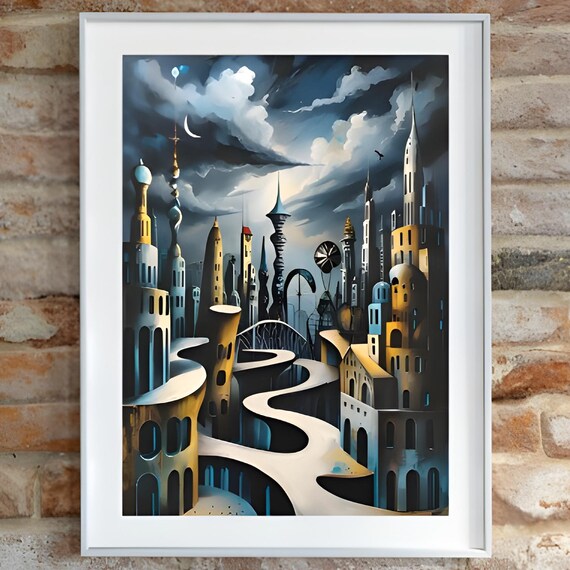 Gothic Fantasy City Poster Surreal Towers Moonlit Storm Clouds Artwork