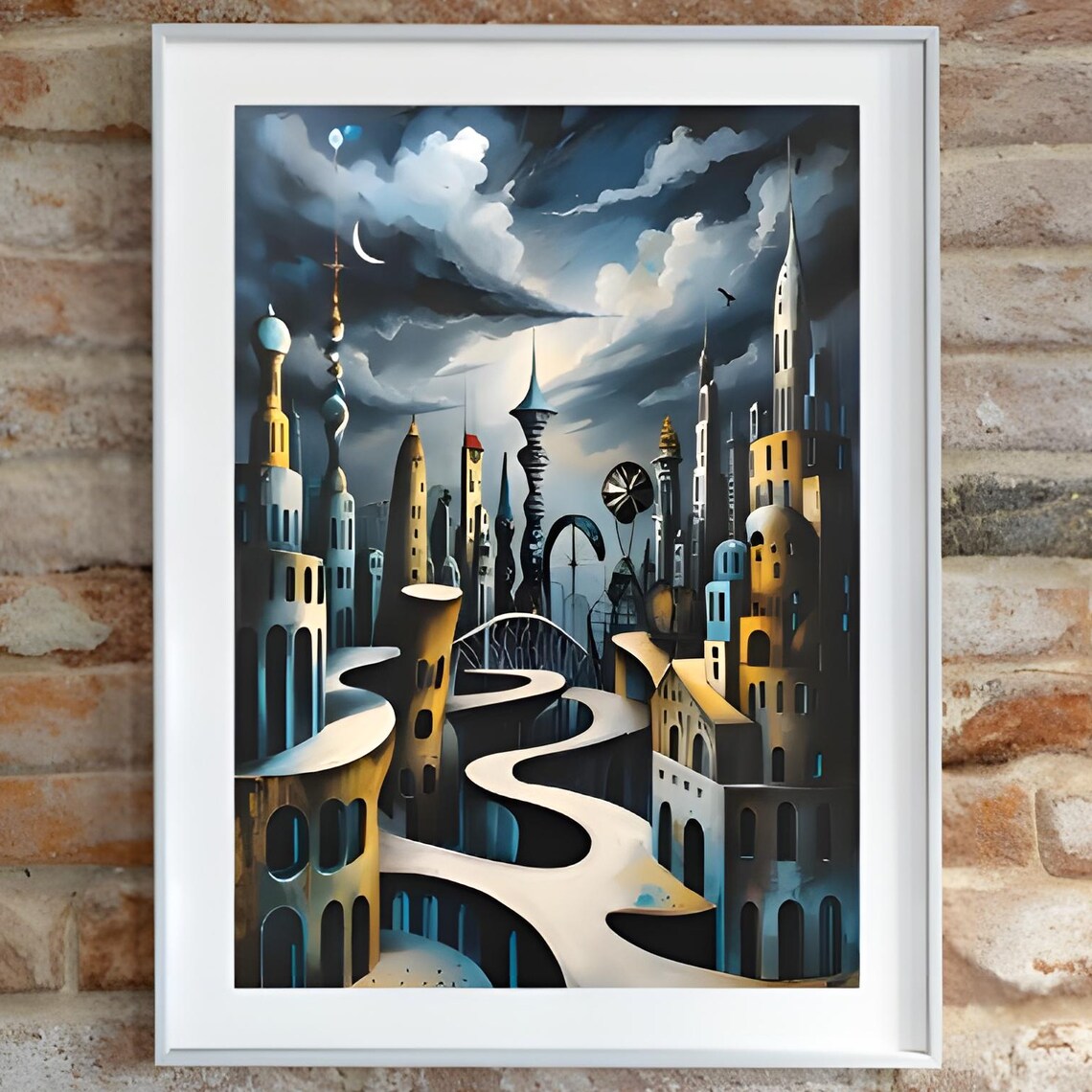 Gothic Fantasy City Poster Surreal Towers Moonlit Storm Clouds Artwork