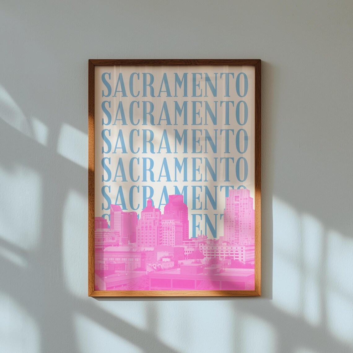 Sacramento Pink City Skyline Retro Travel Poster