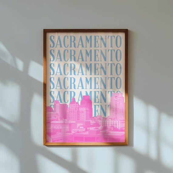 Sacramento Pink City Skyline Retro Travel Poster