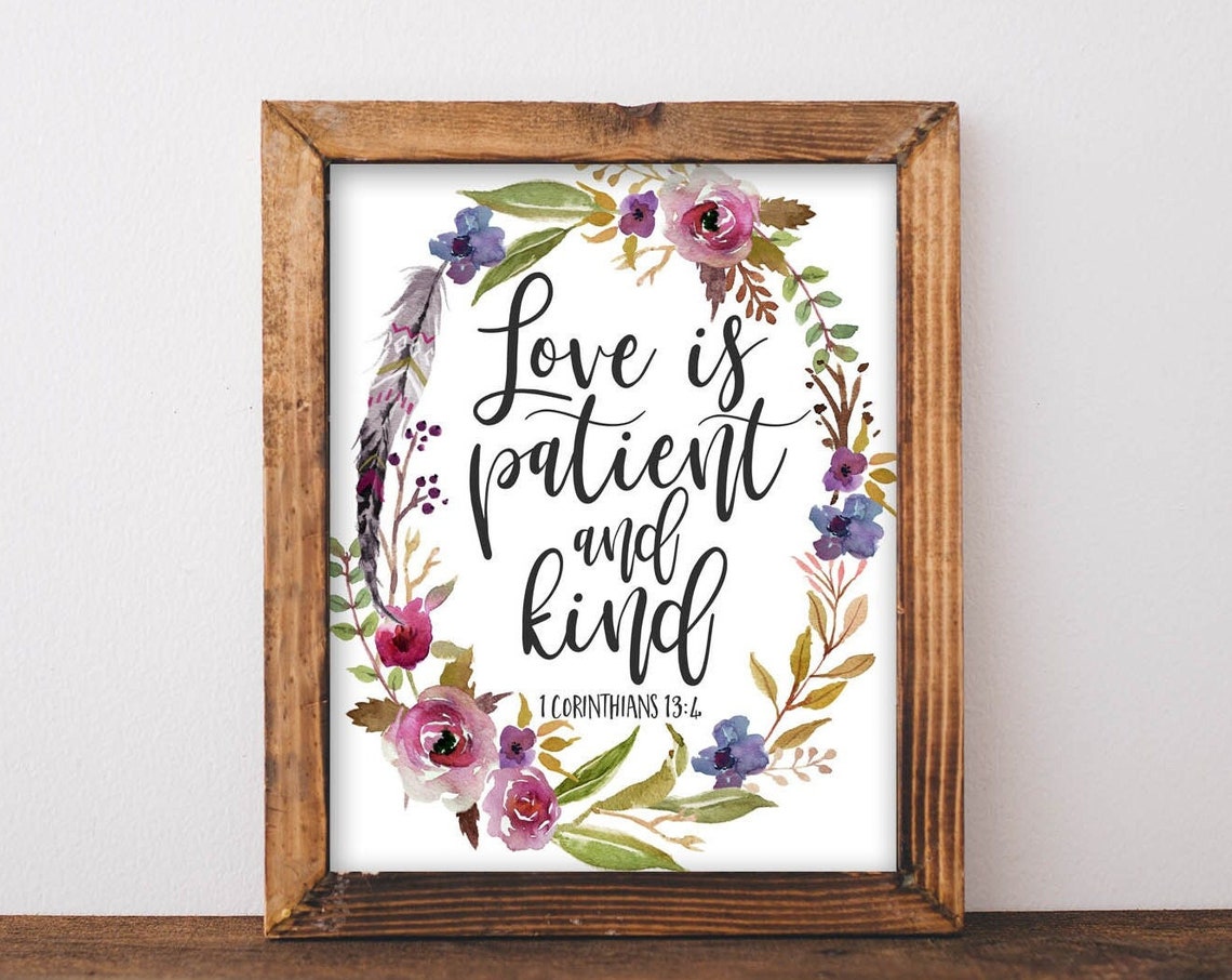 Love Is Patient And Kind Purple Floral Wreath Scripture Poster