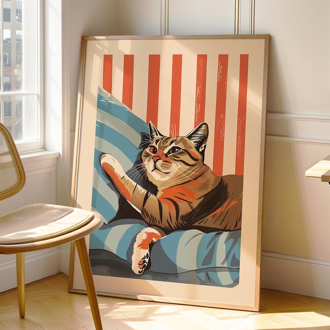 Retro Tabby Cat Relaxing Striped Pillow Cozy Pop Art Cat Poster