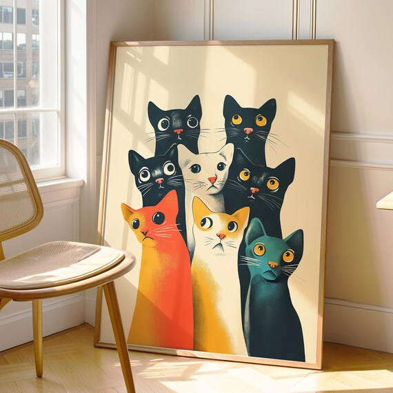 Seven Colorful Cats Pop Art Funny Retro Group Cat Illustration Poster