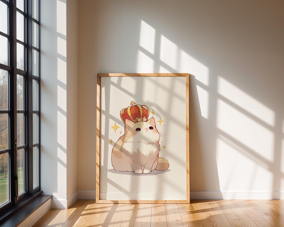Cream Cat Wearing Royal Red Crown Cute Kawaii Kitty Wall Art - Image 5