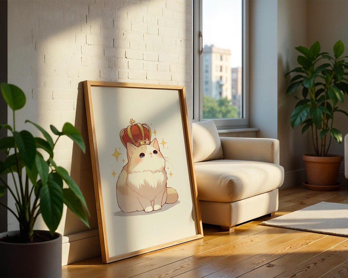 Cream Cat Wearing Royal Red Crown Cute Kawaii Kitty Wall Art - Image 2