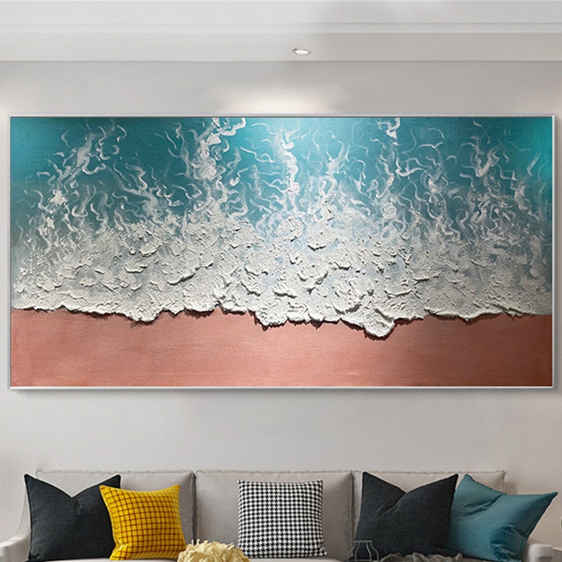 Turquoise Ocean Wave 3D Textured Painting Coral Sand Panoramic Poster