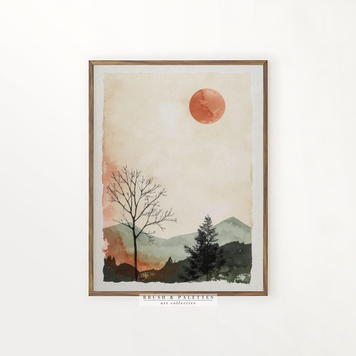 Red Sun Watercolor Mountain Landscape Bare Tree Minimalist Poster