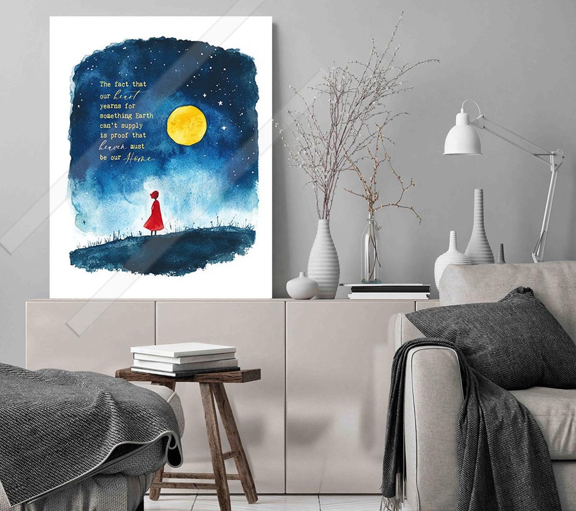 Heaven Must Be Our Home Moonlit Night Watercolor Quote Poster - Image 3
