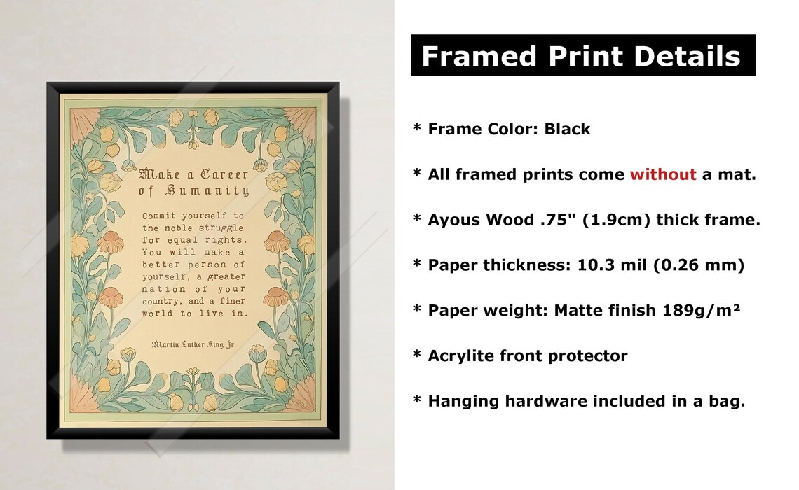 Martin Luther King Jr Career Of Humanity Quote Print Botanical Floral Frame Wall Decor - Image 2