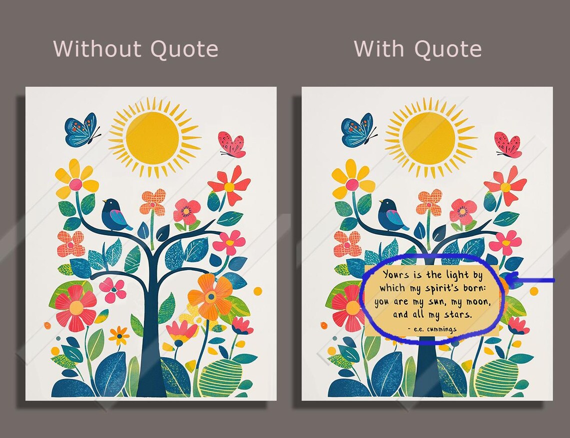 E E Cummings You Are My Sun My Moon Folk Art Flower Tree Quote Poster - Image 3