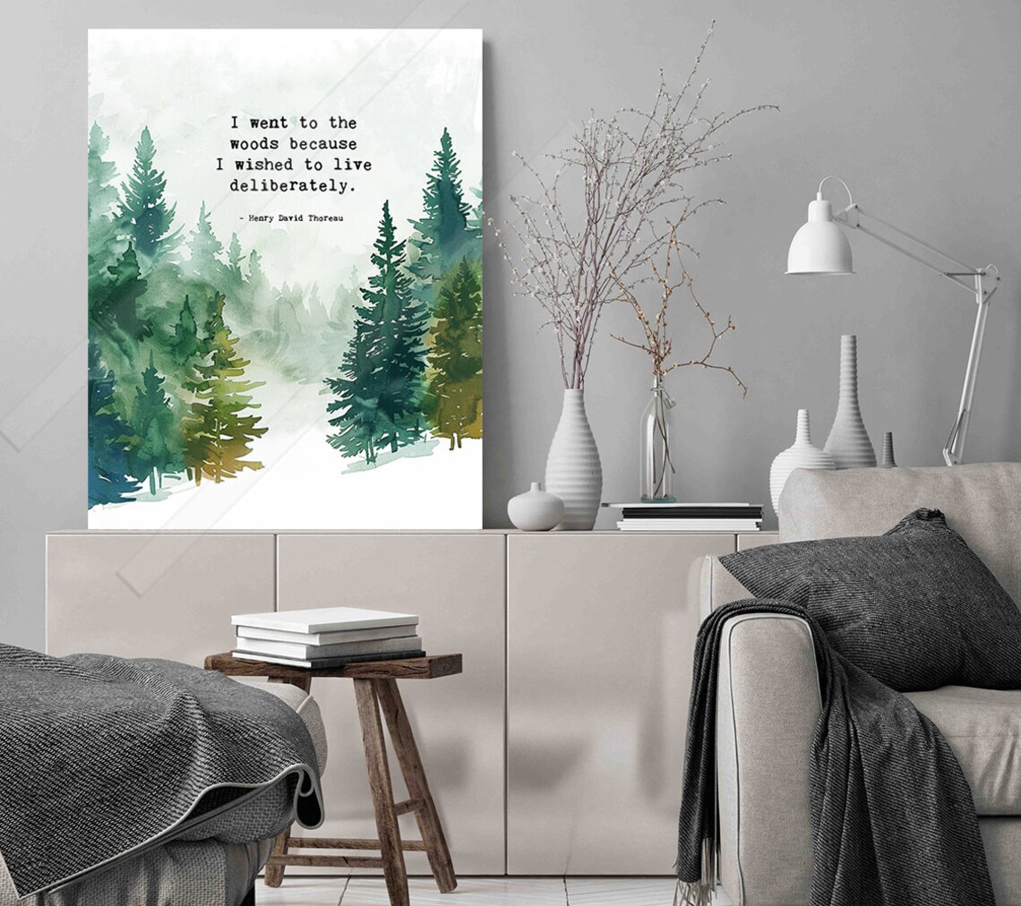 Henry David Thoreau Went To The Woods Quote Print Misty Pine Forest Watercolor Decor - Image 3
