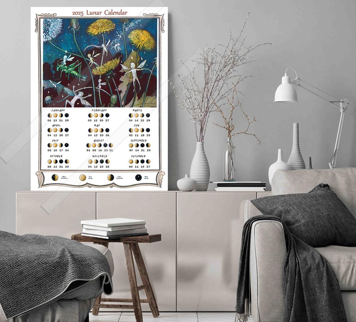 2025 Lunar Calendar Moon Phases Fairy Dandelion Vintage Art Poster - Image 3