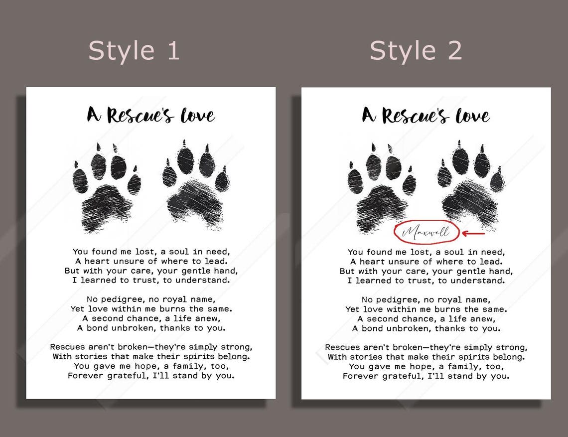 A Rescues Love Rescue Dog Poem Paw Prints Customizable Art Print - Image 3