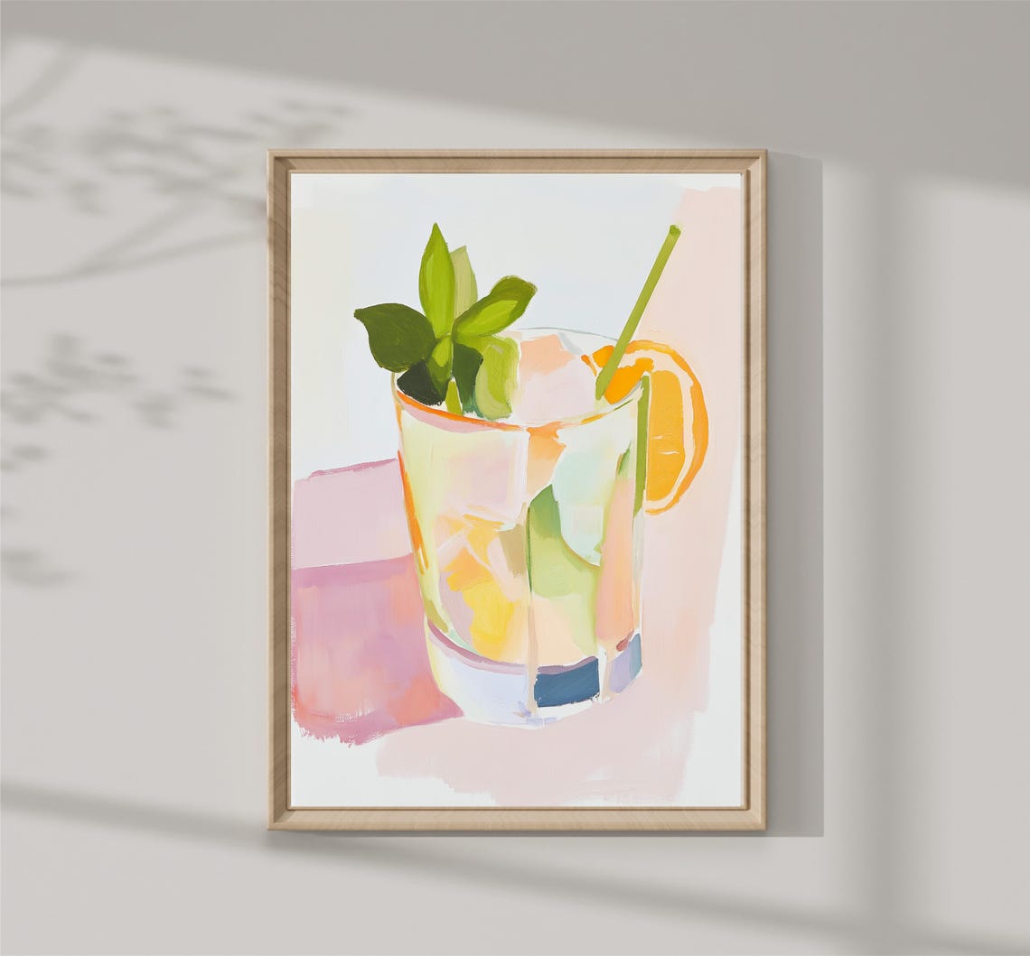 Citrus Mojito Cocktail Mint Orange Slice Pastel Bar Kitchen Art Print