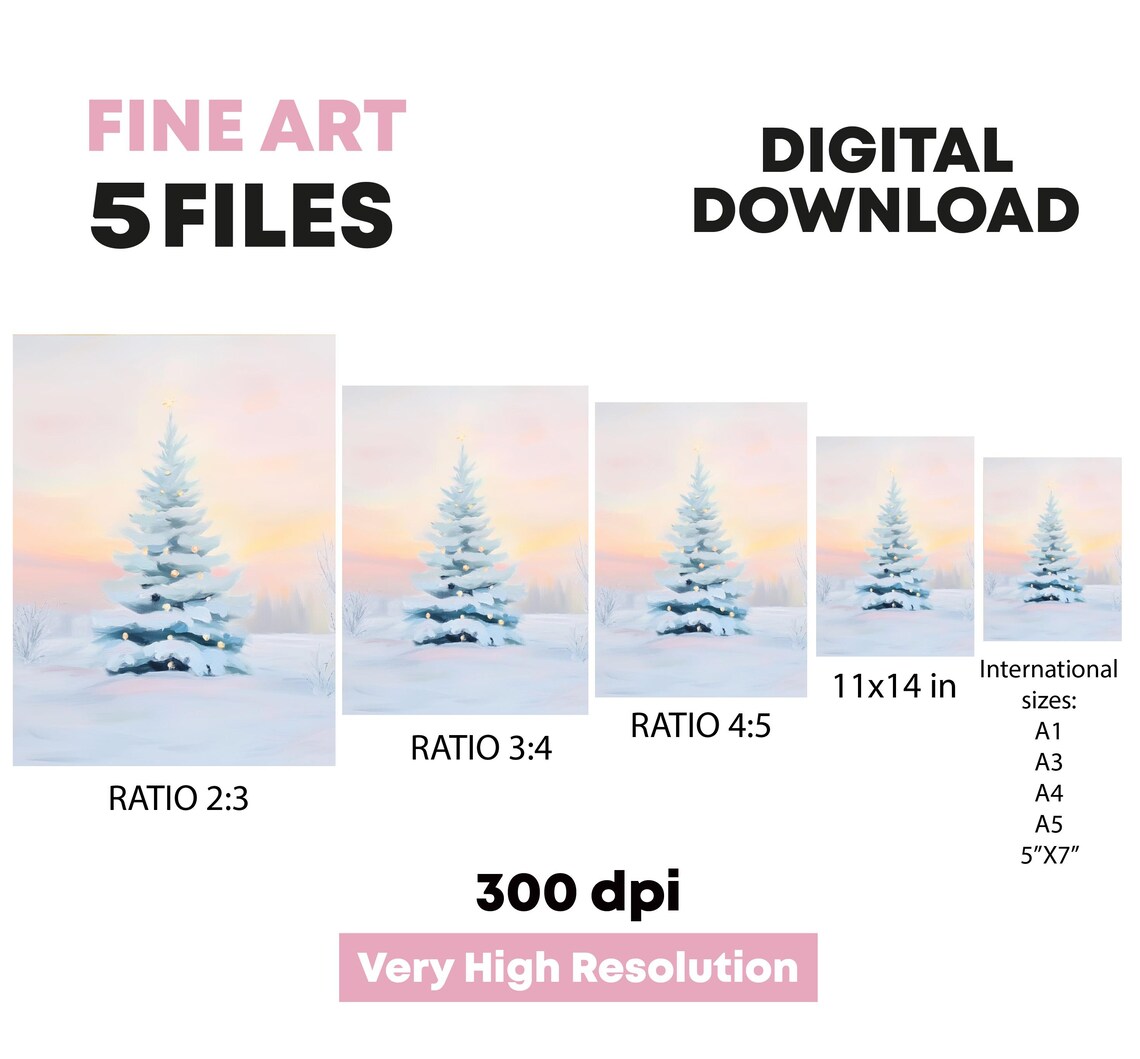 Pink Christmas Tree With Golden Lights In Snow Pastel Art Poster - Image 5