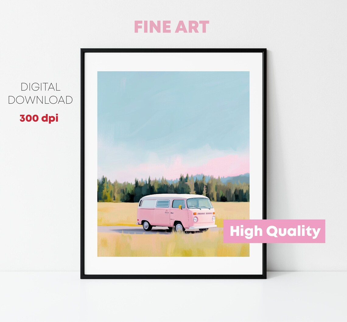 Pink Vintage Van In Golden Meadow Pastel Road Trip Art Poster - Image 3