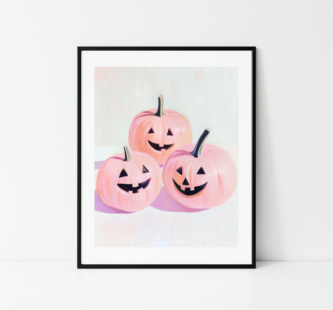 Three Pink Jack O Lantern Pumpkins Cute Pastel Halloween Print - Image 3