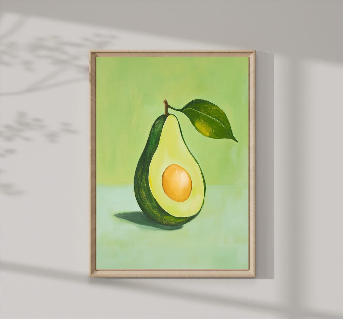 Halved Avocado Green Background Kitchen Fruit Painting Wall Art