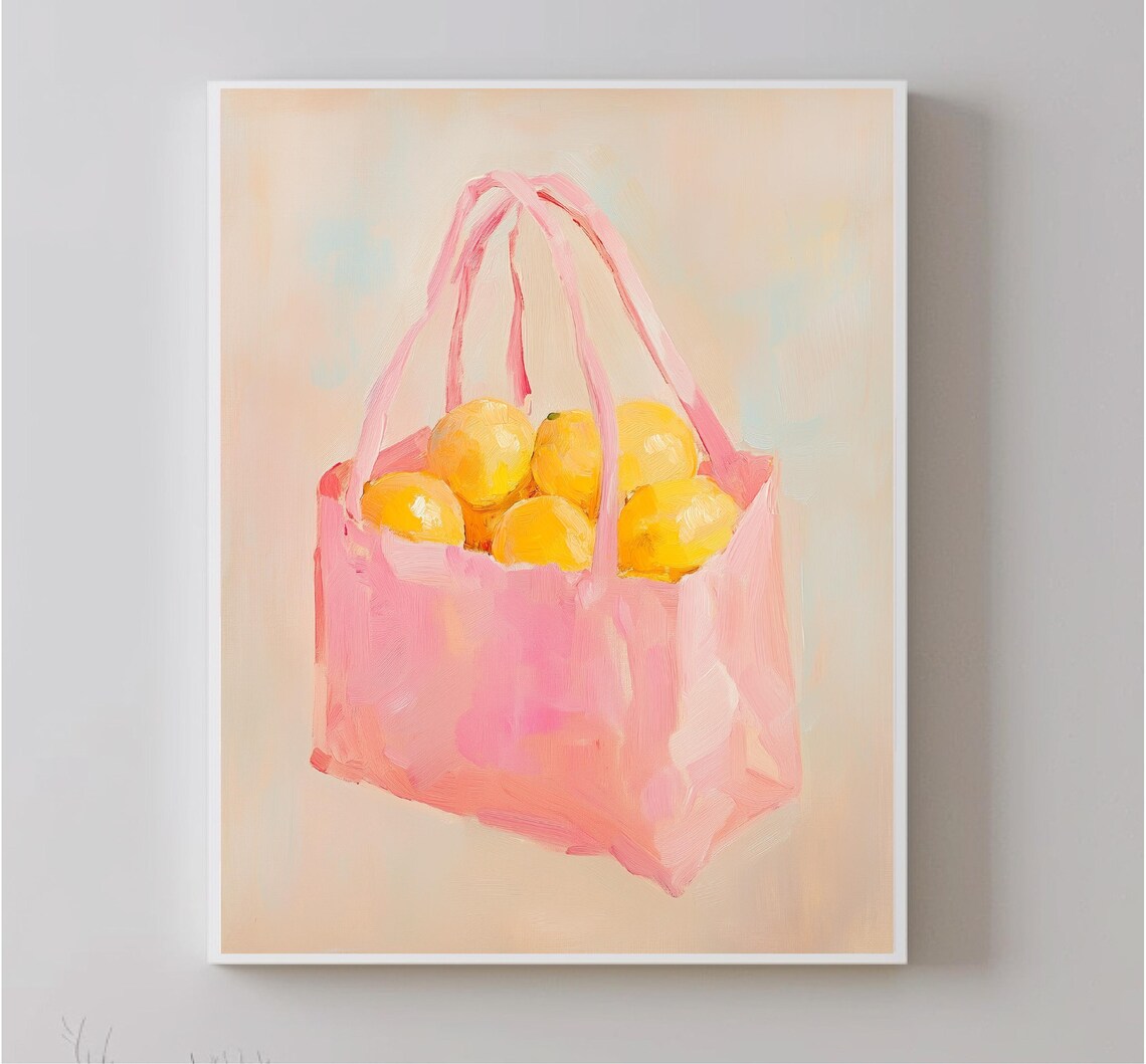 Pink Tote Bag Full Of Yellow Lemons Pastel Kitchen Still Life Poster