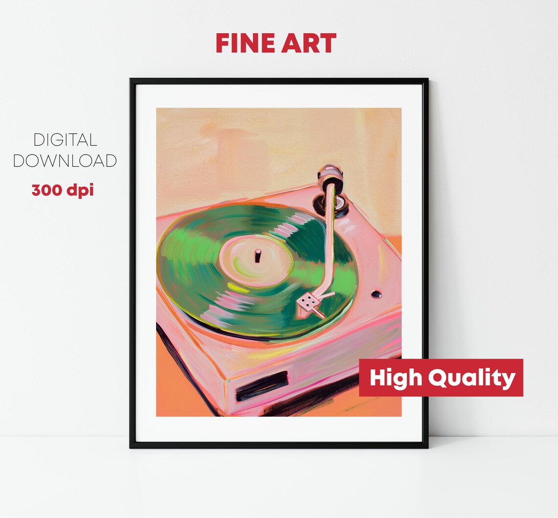 Pink Record Player Green Vinyl Retro Turntable Music Room Art Print - Image 2