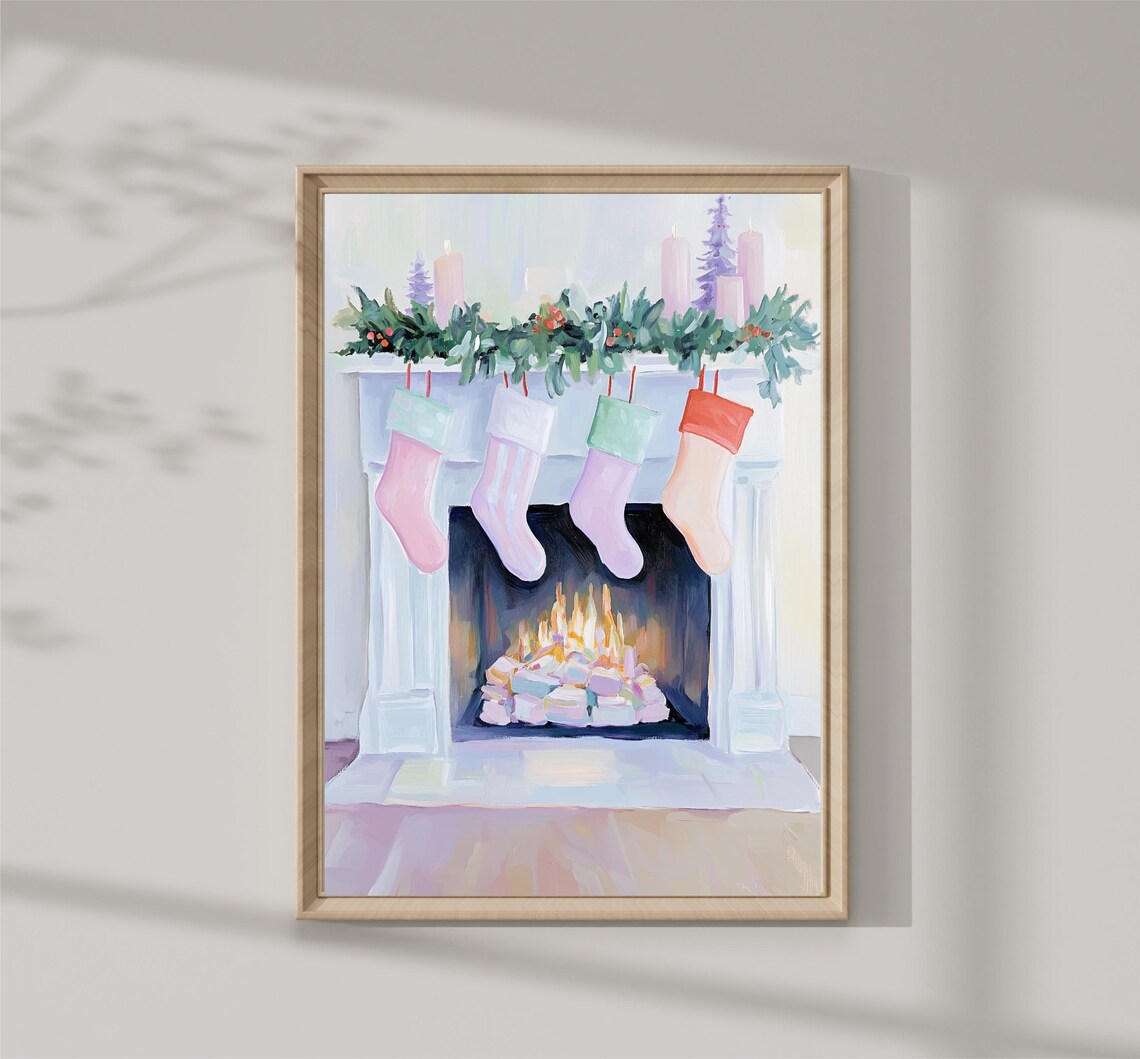 White Fireplace Pastel Stockings Garland Cozy Christmas Mantel Poster