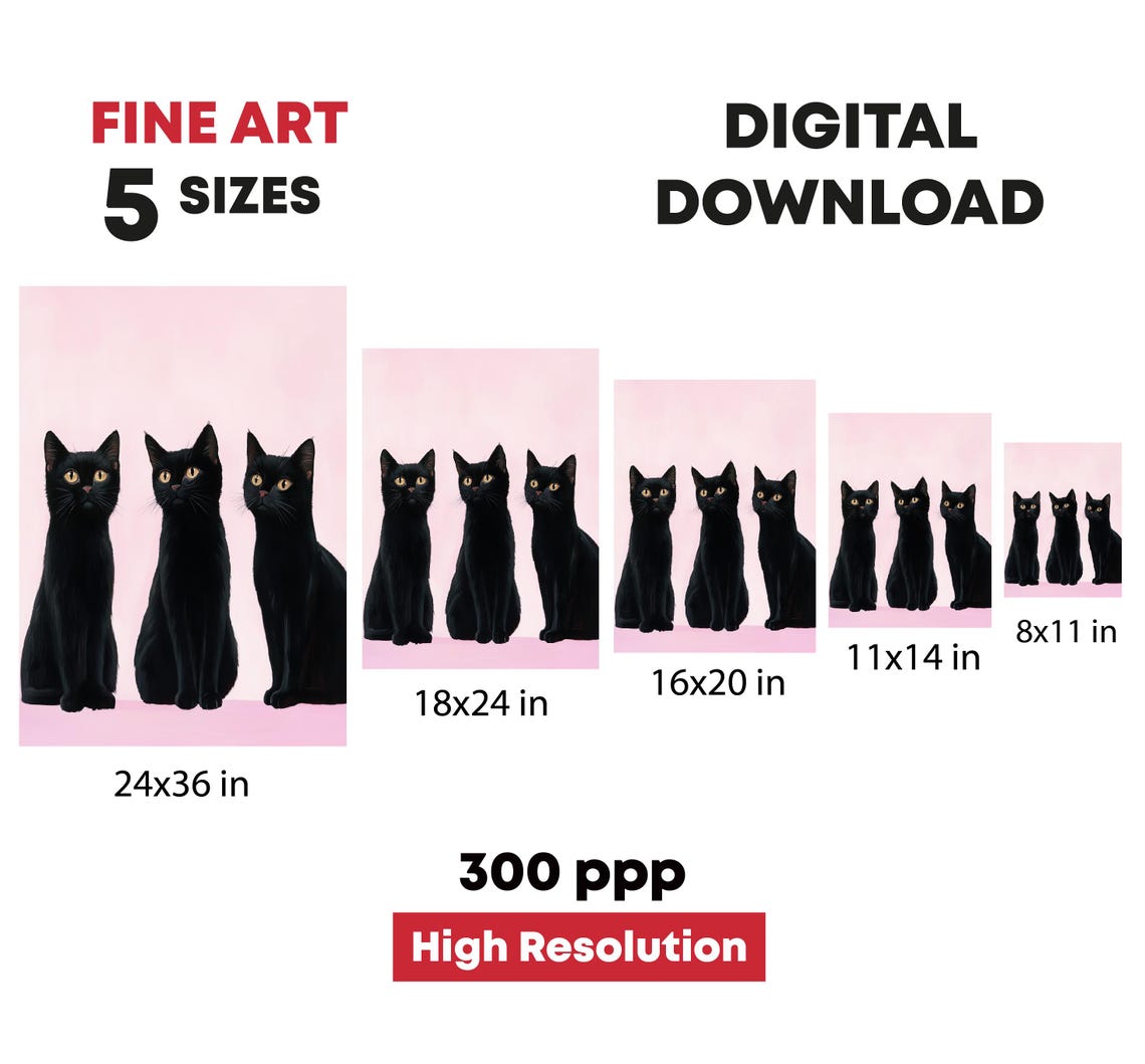 Three Black Cats Pink Background Golden Eyes Modern Cat Print - Image 4