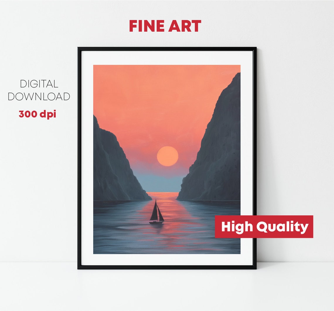 Sailboat Sailing Into Sunset Between Cliffs Coastal Travel Poster - Image 2