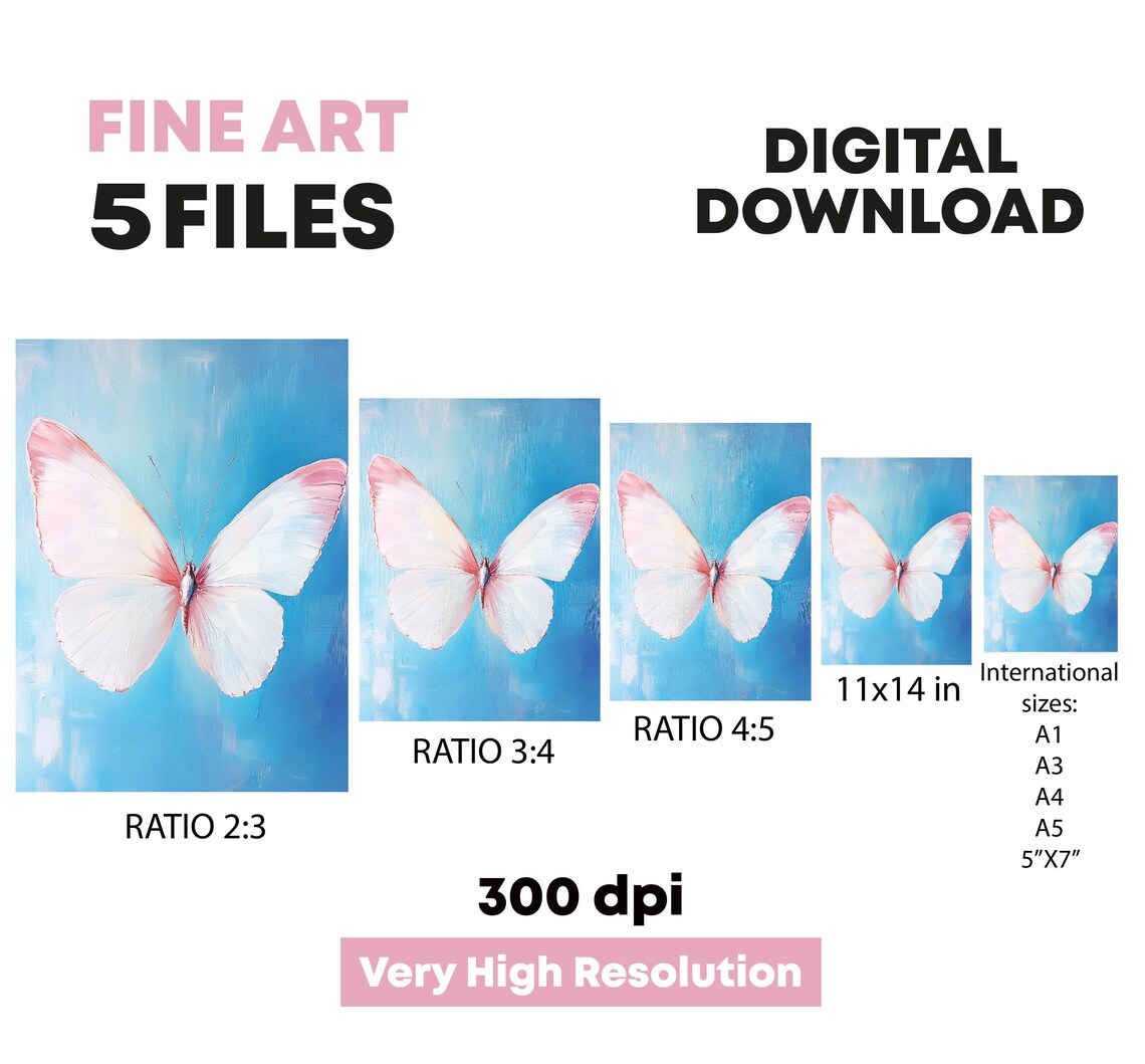 Pink And White Butterfly On Blue Background Nature Art Poster - Image 5