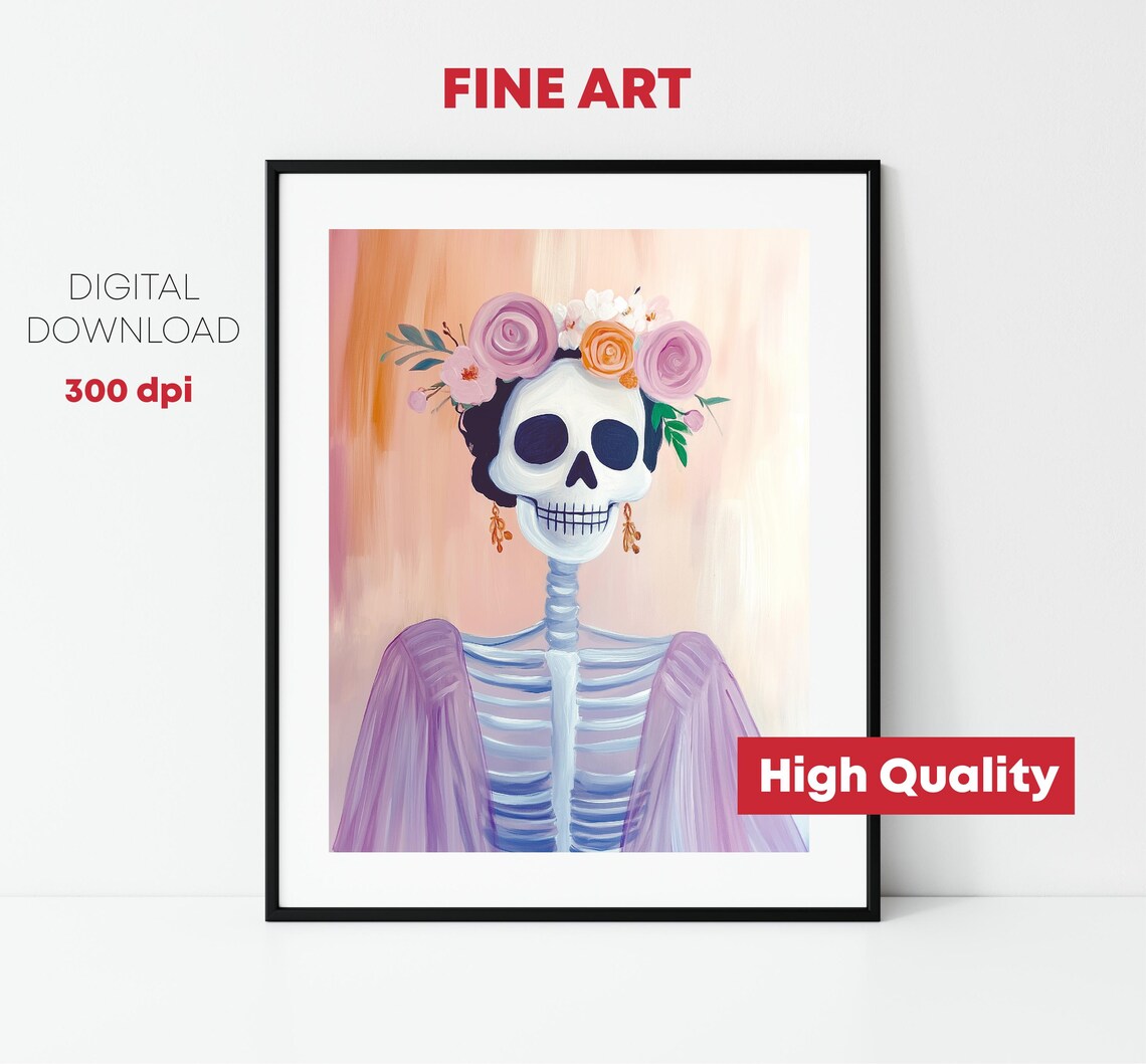 Floral Crown Skeleton Woman Day Of The Dead Pastel Art Print - Image 2