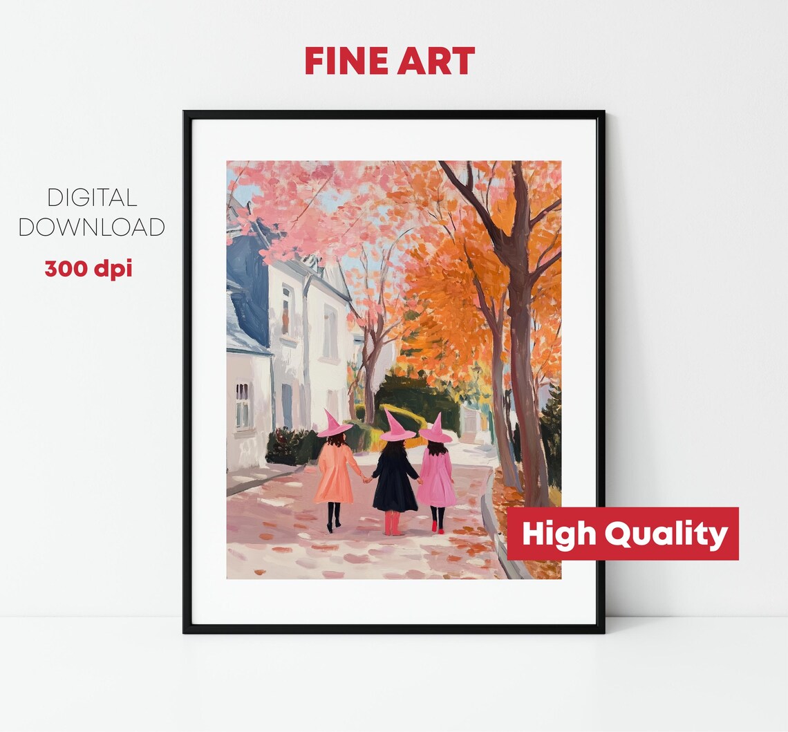 Three Witches Autumn Street Orange Fall Leaves Whimsical Halloween Print - Image 2