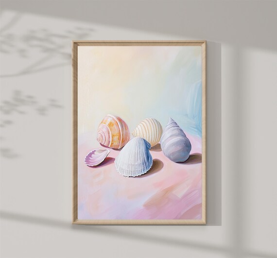 Pastel Seashells On Pink Table Beach Coastal Shells Still Life Art Print