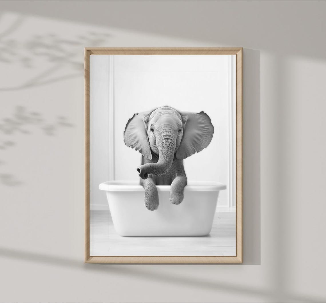 Cute Baby Elephant In Tub Wall Art Elephant Photo Elephant Art Bathroom Art Print