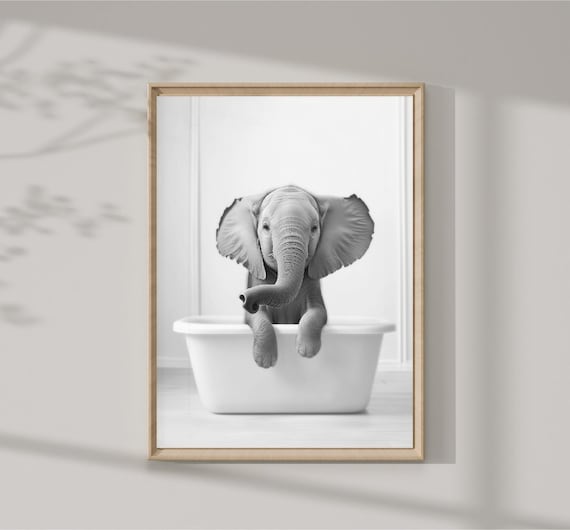 Baby Elephant Sitting In White Bathtub Black White Nursery Photo Print