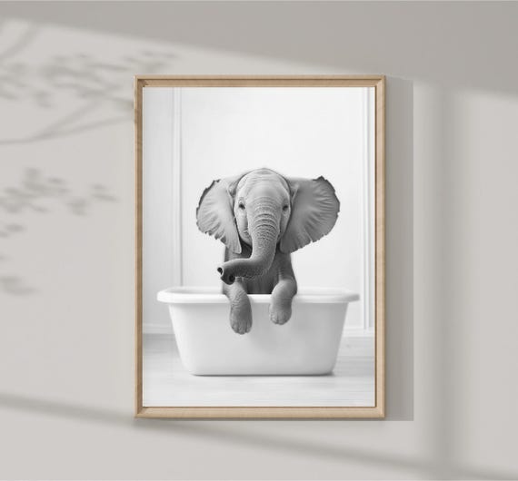 Cute Baby Elephant In Tub Wall Art Elephant Photo Elephant Art Bathroom Art Print