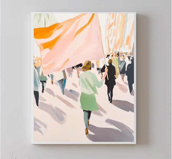 Woman Leading March With Pink Flag Crowd Empowerment Art Poster