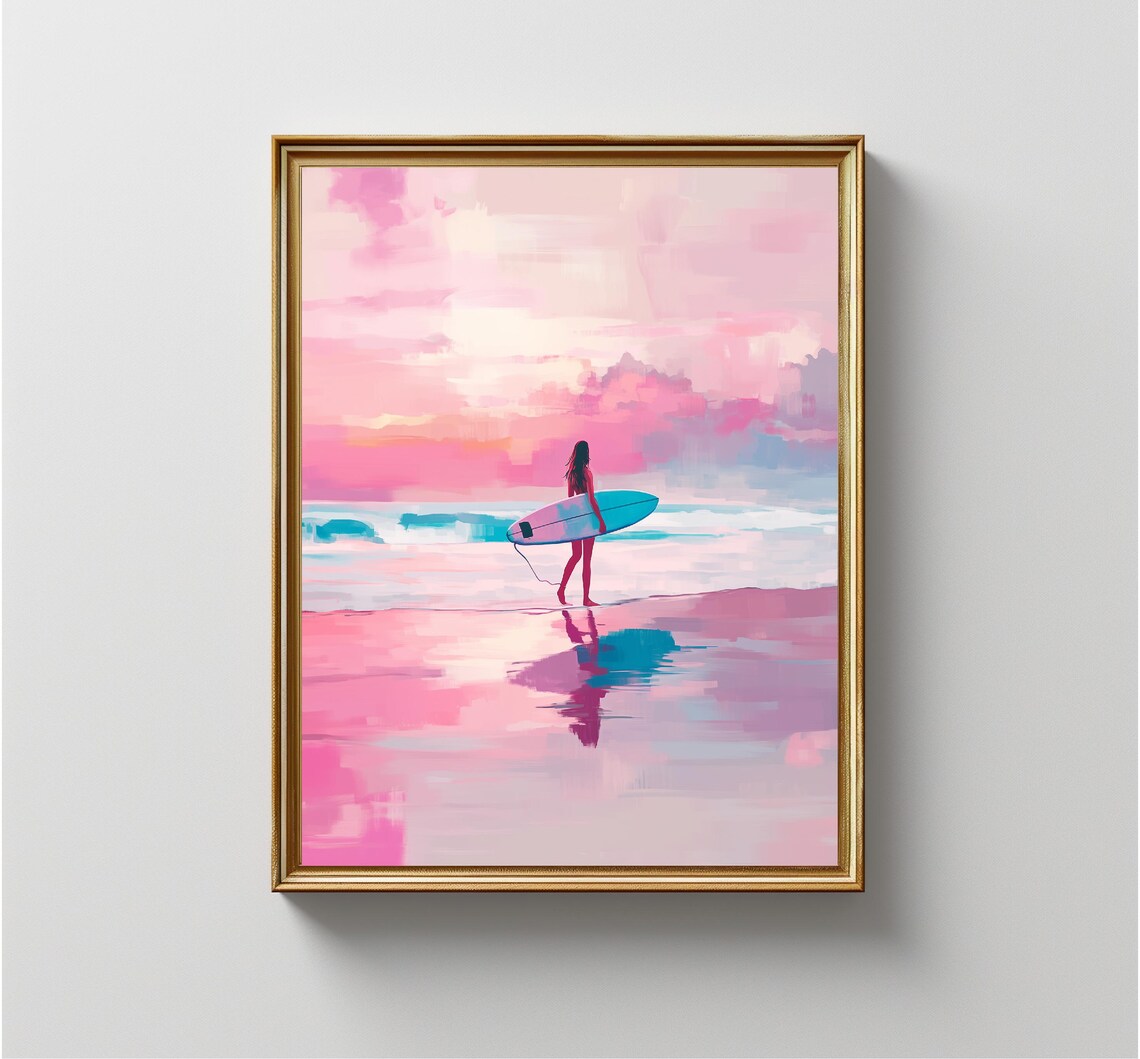 Woman Surfer Pink Beach Sunset Ocean Board Coastal Girl Art Poster - Image 3