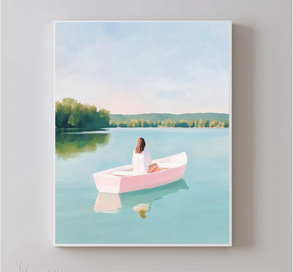 Woman In Pink Boat On Calm Lake Summer Pastel Painting Art Poster