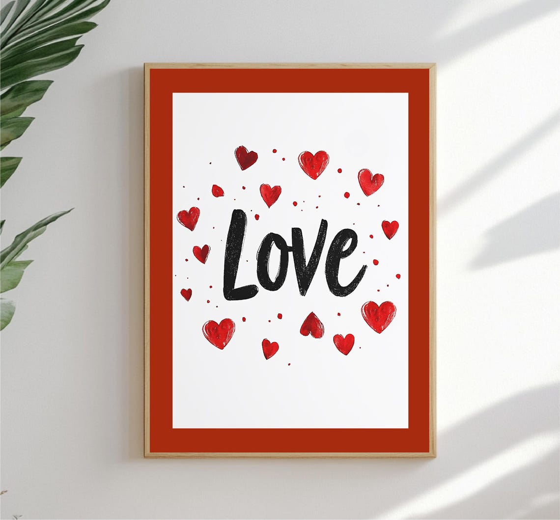 Bold Love Script Typography Red Watercolor Hearts White Poster - Image 4